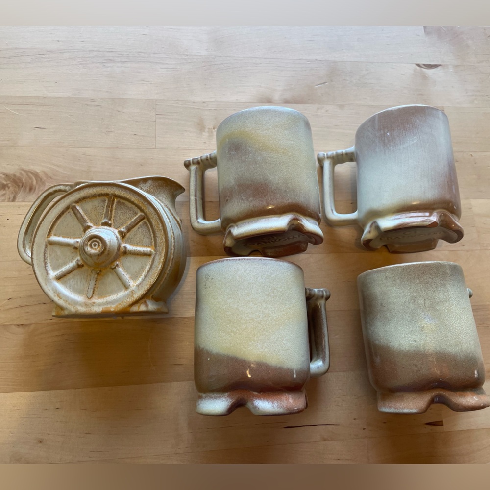 Vintage Frankoma Pottery Dessert Gold Wagon Wheel Creamer & Coffee Mugs C1 (x4)